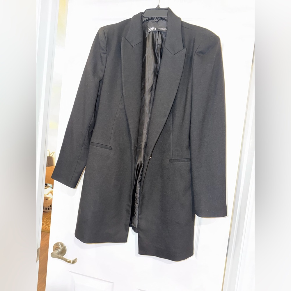 Zara Gold Button Long Blazer in Black